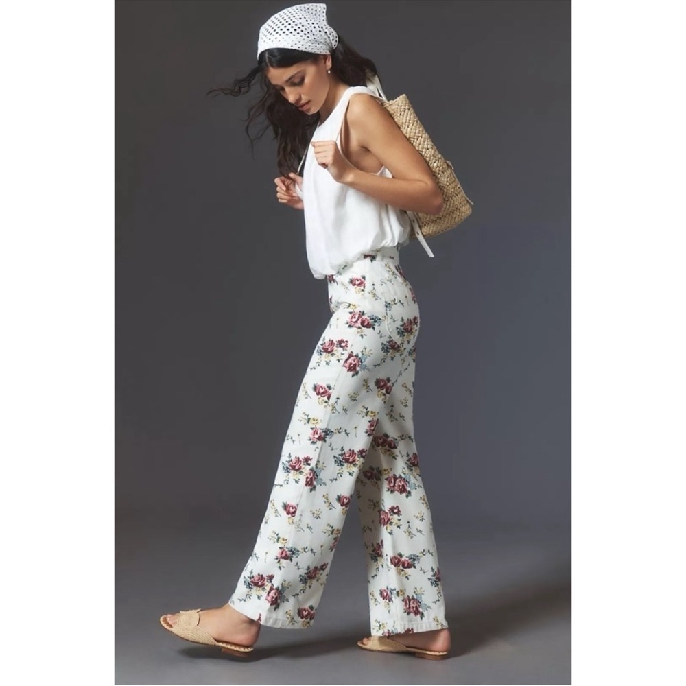 NWT Anthropologie Rolla's Floral Roses Sailor High-Rise Crop Wide-Leg Jeans 34